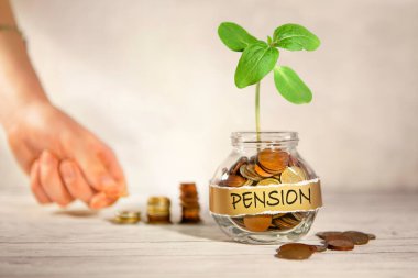 Emeklilik. Bozuk para ve bitki dolu cam kavanoz, arka planda dişi bir el cam kavanozun yanına bozuk para koyar. Para biriktirmek, yatırım yapmak, para kazanmak, finansal zenginlik yönetimi kavramı. 