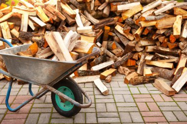 Bahçedeki bir evi ısıtmak için bir odun yığını..