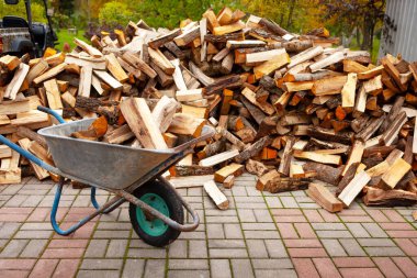 Bahçedeki bir evi ısıtmak için bir odun yığını ön planda yakacak odunu olan bir el arabası..