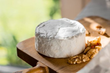 Peynirli peynir ya da cevizli peynirli camembert. Yakın görünüm, seçici odak