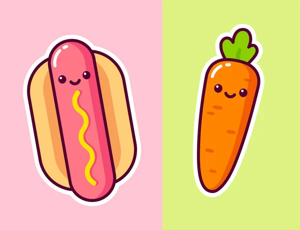 Hot Dog Dessin Animé Mignon Carotte Avec Des Visages Kawaii — Image vectorielle