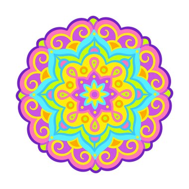 Parlak neon mandala süslemesi. Renkli soyut dekorasyon, vektör klipsleme sanatı.