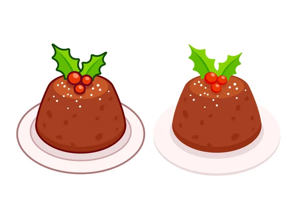 Pudding Traditionnel Noël Avec Houx Ligne Dessin Animé Icône Couleur — Image vectorielle