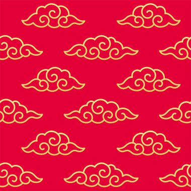 Geleneksel Çin bulut desenli, kırmızı arka planda altın kıvrımlı bulutlar. Vektör tasarım ögesi.