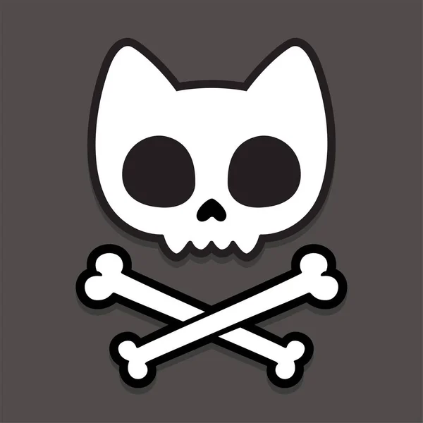 かわいい漫画猫の頭蓋骨と十字架骨 手描きのシンプルなカワイイジョリー ロジャーのサイン ダークな背景のベクトルイラスト — ストックベクタ