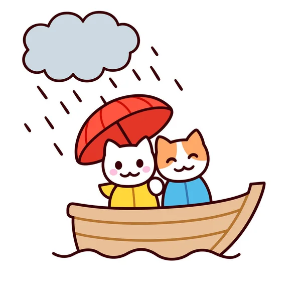 Mignon Dessin Animé Chat Couple Dessin Sur Bateau Avec Parapluie — Image vectorielle