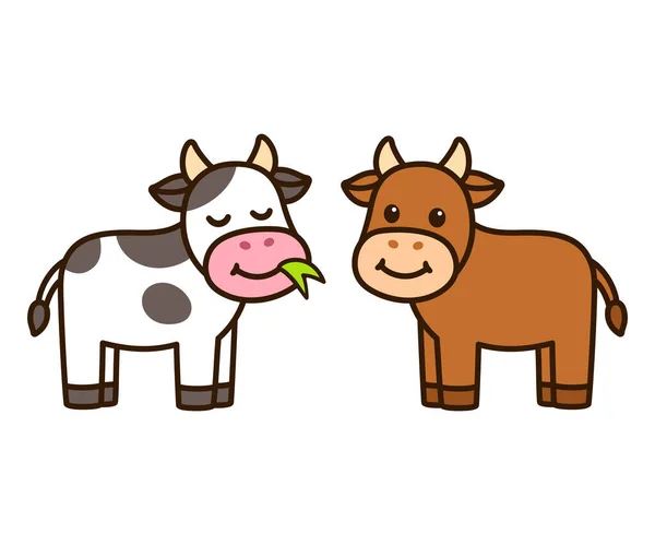 Two Cute Cartoon Cows Brown White Spotted Kawaii Little Calf — Stock Vector