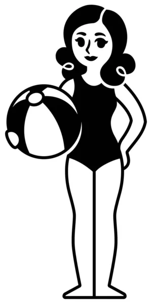 Винтажная Девушка Купальнике Пляжным Мячом Черно Белая Карикатурная Иллюстрация — стоковый вектор