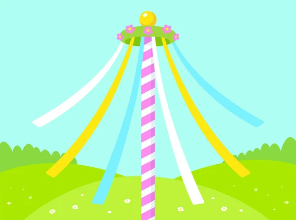 Maypole Decorated Flowers Ribbons May Day Festival Celebration Cartoon Vector — стоковый вектор