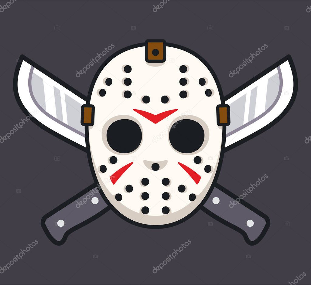 Serial killer hockey mask with two machetes, Halloween or Friday 13 horror drawing. Cartoon vector illustration.