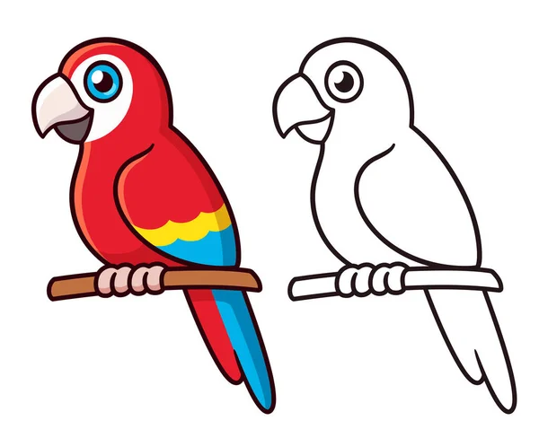 Cute Cartoon Scarlet Macaw Parrot Drawing Colorful Red Bird Black — ストックベクタ