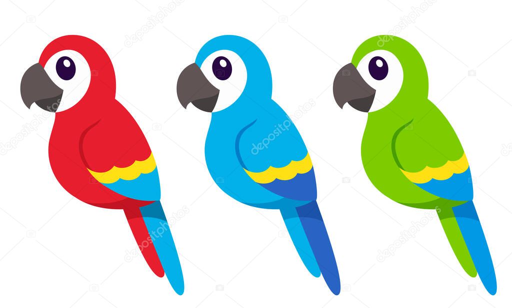 Cute cartoon macaw parrots drawing. Red, blue and green tropical birds. Simple flat vector icon illustration set.