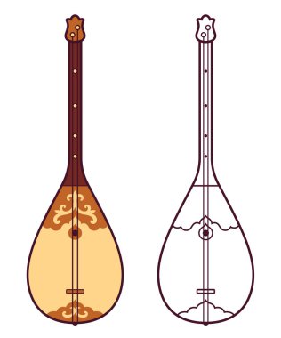 Dombra, traditional Kazakh string musical instrument. Color and black and white drawing. Vector clip art illustration.