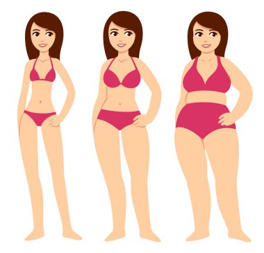 Three cartoon young women of various body types: skinny, average and chubby. Girls in red bikini with different coverage. Cute vector illustration set.