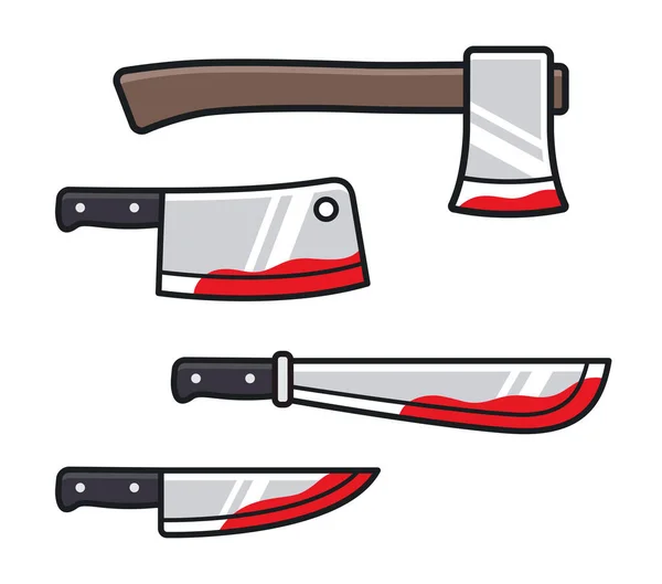 Cartoon Bloody Cold Weapons Icon Set Kitchen Knife Cleaver Axe — Stockvektor