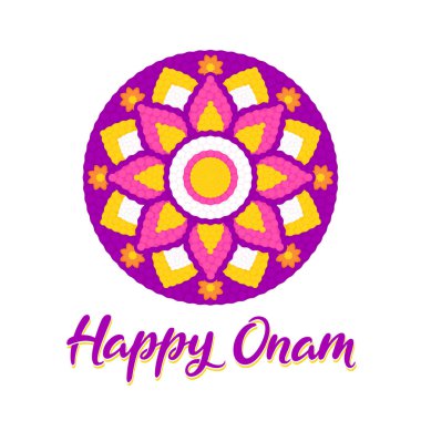 Happy Onam greeting card with floral rangoli (pookalam). Indian holiday in Kerala. Vector clip art illustration.