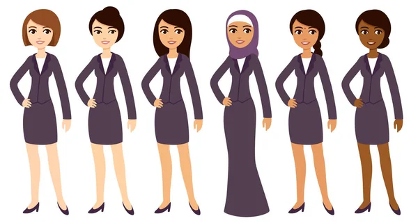 Six Cartoon Young Businesswomen Different Skin Color Work Clothes Cute — Vetor de Stock