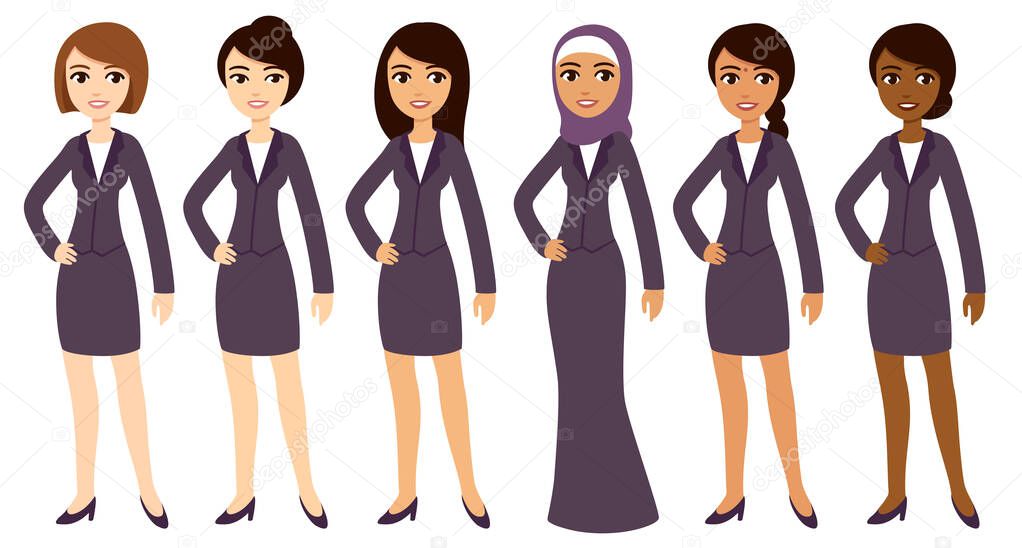 Six cartoon young businesswomen of different skin color in work clothes. Cute vector clip art illustration set, isolated on white background.
