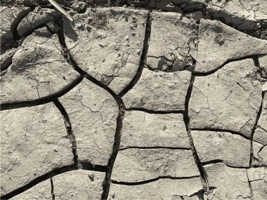 Çatlak yeryüzü arka planı. Toprak yüzeyinde çatlaklar var. Çamur çatlakları.