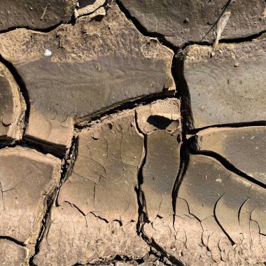 Çatlak yeryüzü arka planı. Toprak yüzeyinde çatlaklar var. Çamur çatlakları.