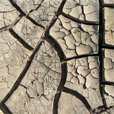Çatlak yeryüzü arka planı. Toprak yüzeyinde çatlaklar var. Çamur çatlakları.
