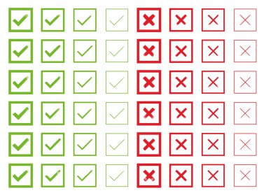 El boyası onaylı ve reddedilmiş işaretler. Grunge biçimi kontrol işareti ve çapraz vektör çizimi