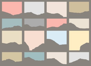 Yırtık kağıt seti. Kağıt kırıntıları. Kağıt şeritler ve parçalar..