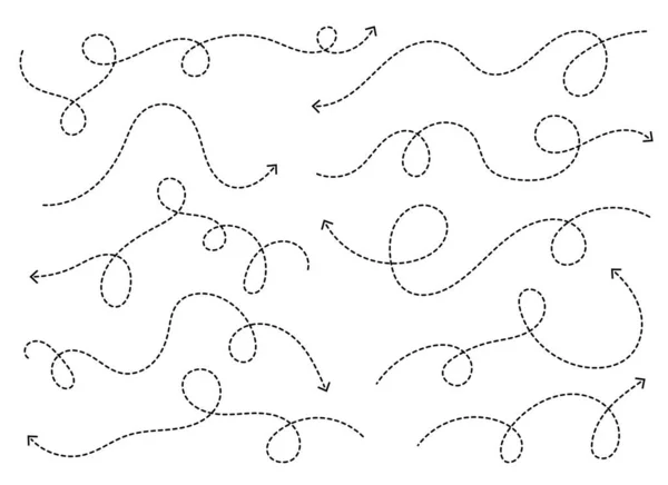 Hand drawn dotted arrow shape. Curved arrow line. Arrow icon collection. Vector illustration isolated on white background
