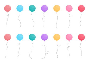 Set of colored party balloons tied with strings. Vector illustration in cartoon style