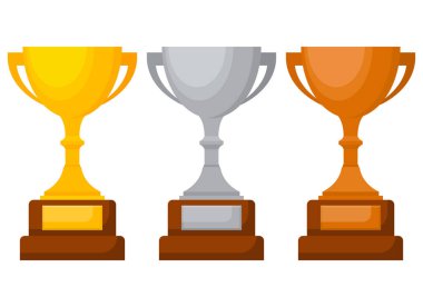 Ödül kadehi. Düz dizaynlı altın, gümüş ve bronz kupa. Vektör illüstrasyonu