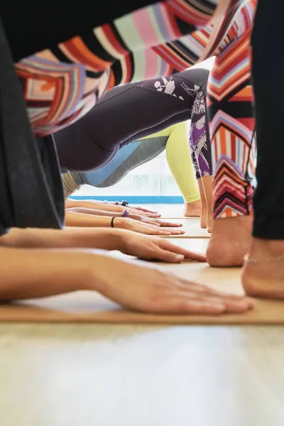 Detail of the hands of a group of young sportswomen practising yoga in class, stretching in the exercise Glute Bridge, setu bandha sarvangasana. Concept of exercise and healthy living