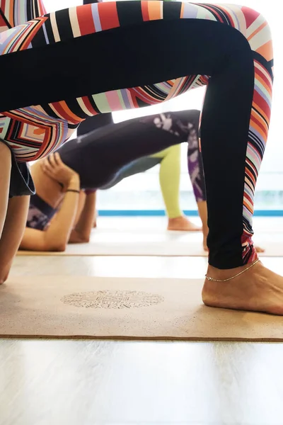 detail of a group of women in a yoga studio training in the one leg bridge pose.