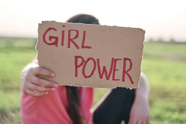 Woman Holding Recycled Cardboard Inscription Girl Power Concept Feminism — Stock Photo, Image