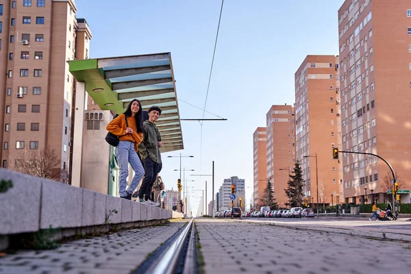 View Teenage Couple Waiting Arrival Train Tram — Stock Photo, Image