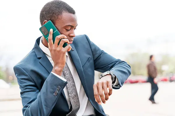 Handsome Man Having Conversation Smart Phone Arranging Meeting Looking Wrist — Foto de Stock