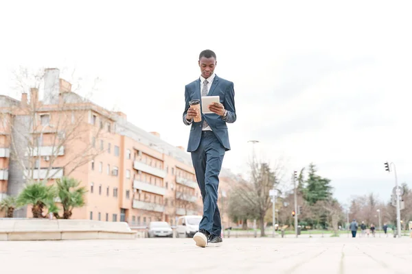 African American Business Man Walking Holding Tablet Cup Coffee Young — Foto de Stock