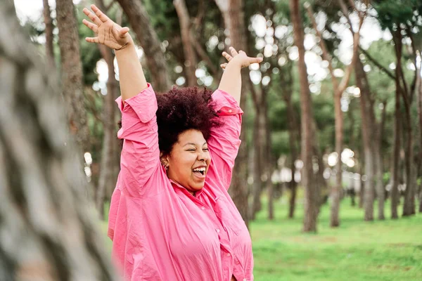 Curvy Woman Curls Taking Fresh Air Nature Young African American Imagen De Stock