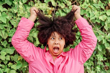 Genç Afrikalı Amerikalı kadın kıvırcık saçlarını çekiyor.