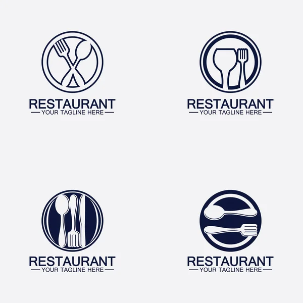 スプーンとフォークのアイコンでレストランのロゴを設定し メニューのデザインカフェレストランのためのフードドリンクコンセプト — ストックベクタ