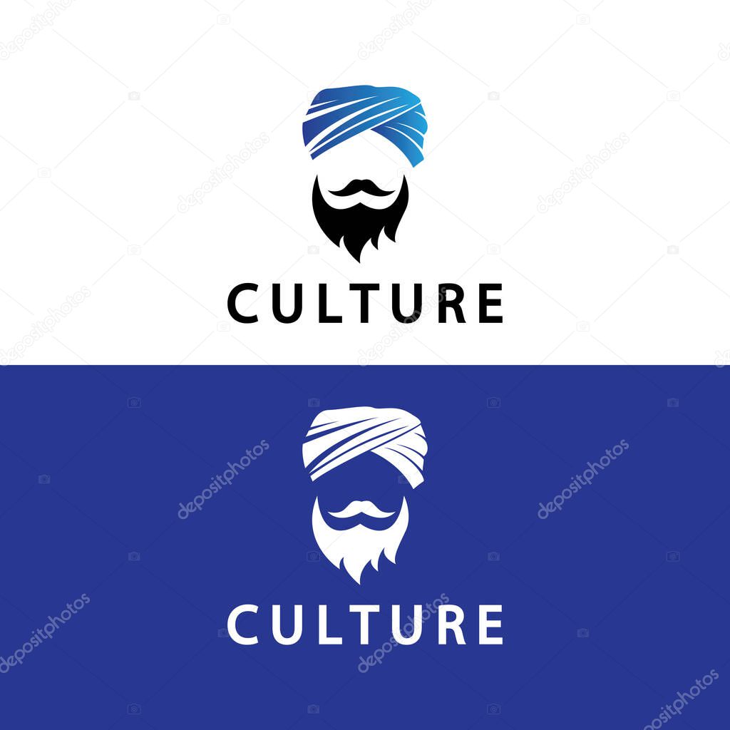 Turban Mustache India Indian logo design vector illustration. Logo of a man's face with a Beard and hat typical of the traditional Indian country.
