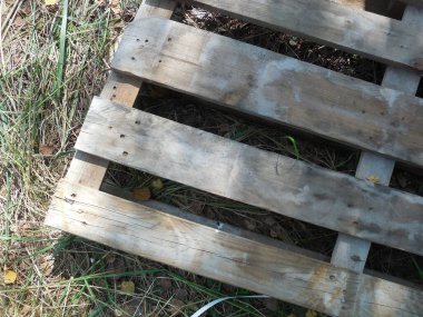 Eski, yarı çürümüş ahşap bir palet inşaat malzemeleri ve diğer malzemeleri taşımak ve depolamak için çimlerin üzerinde yatıyor..