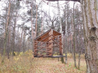 Güzel bir kuş besleyicisi ince tahta levhalardan (tahta) yapılır. Sonbaharda ormanda, bulutlu bir günde.