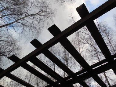Eski verandadaki (teras örtülü) ahşap kirişlerin kalıntıları. Çatı çöktü, kasvetli sonbahar gökyüzü örgü vasıtasıyla görülüyor..