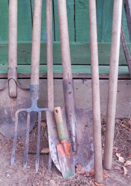 Eski yabalar ve kürekler (el aletleri) bir ahşap bahçe binasının duvarına yaslanıyor. Bahçe araçları.