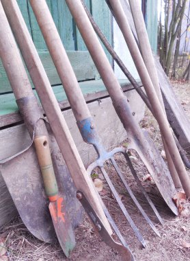 Bahçe binasının yakınında birçok bahçe aletleri var. Tahta saplı eski kürekler, yabalar, el işleyicisi, küçük bir kepçe.