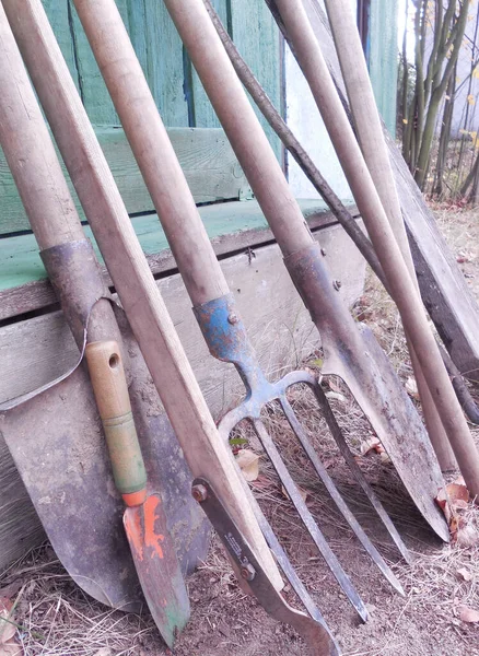 Bahçe binasının yakınında birçok bahçe aletleri var. Tahta saplı eski kürekler, yabalar, el işleyicisi, küçük bir kepçe.