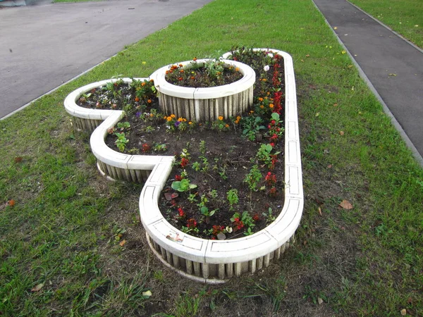 一个由混凝土砌块做成的有趣形状的花园 作文坐落在草坪上的公园里 在沥青路面旁边 — 图库照片