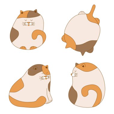 Komik tombul kediler seti. Şirin el çiziminin vektör çizimi kedilerin önünde ve arkasında yatar. Kitty maskotu kağıt çocuk tasarımı için beyaza izole edilmiş.