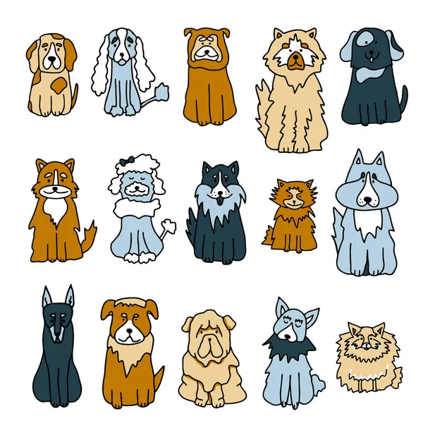 Set Van Met Hand Getekende Kleur Doodle Honden Witte Achtergrond — Stockvector