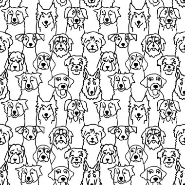 Kusursuz desenli, siyah çizgili karalama köpekleri yüzlü. Köpekler vektör illüstrasyonunu üretir.